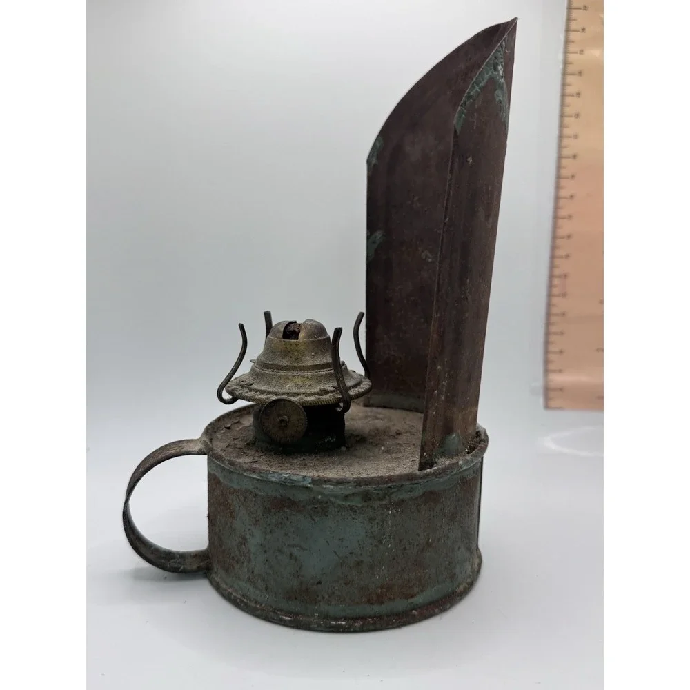 Antique 19th C Primitive Tin Reflector Oil Lamp With Old Blue Paint Surface